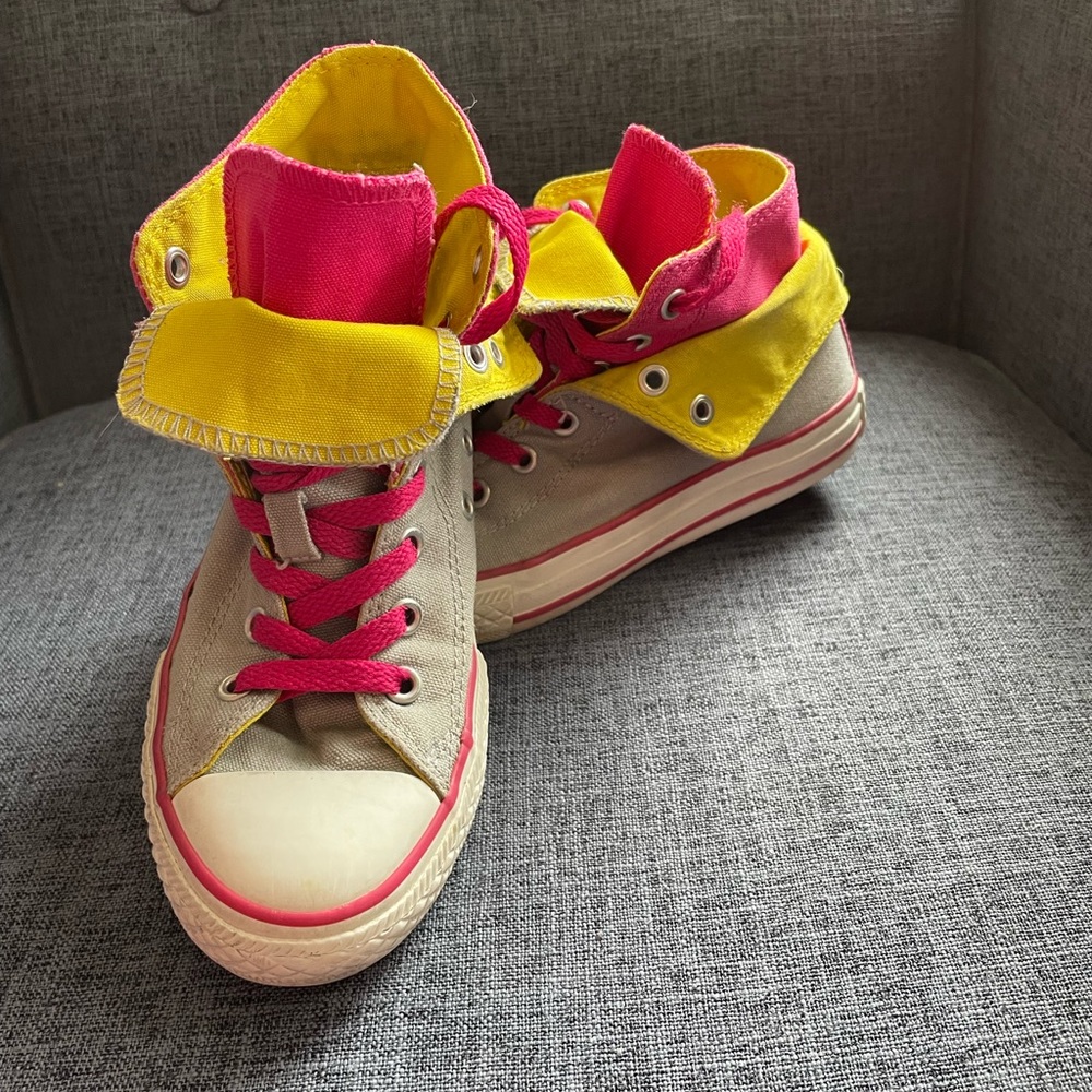 Gray, Pink and Yellow double layer converse high tops